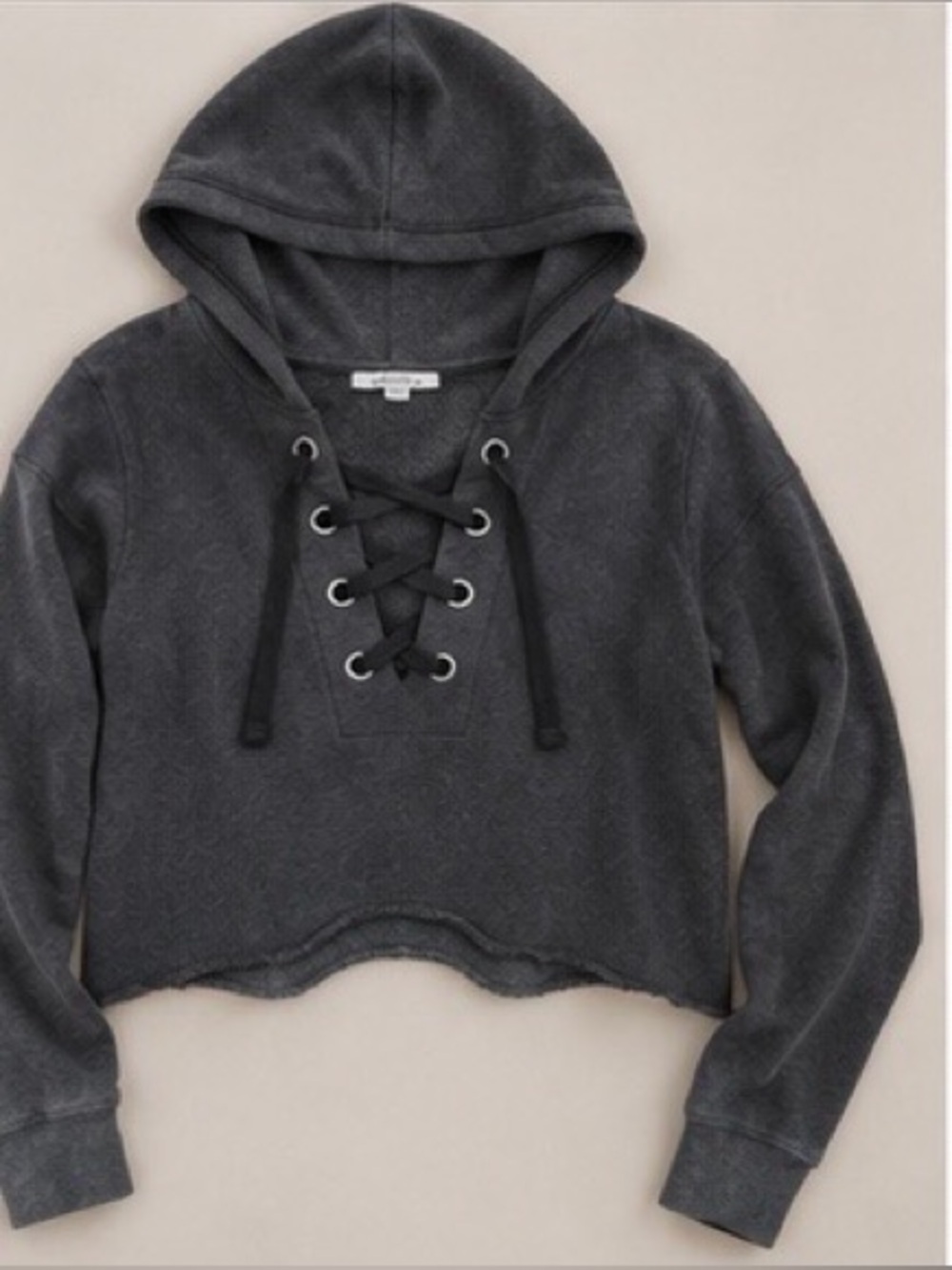 American Eagle Outfitters Charcoal Gray Lace-Up Cropped Hoodie